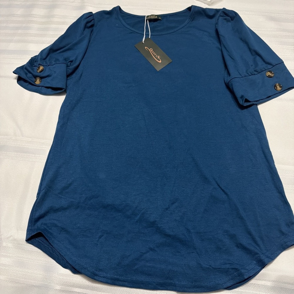 Ofefan Womens Puff Short Sleeve Button Cuff Crew Neck Top Teal Blue Size M NWT
